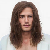 Detalhes da peruca masculina lace com fios ondulados naturais.